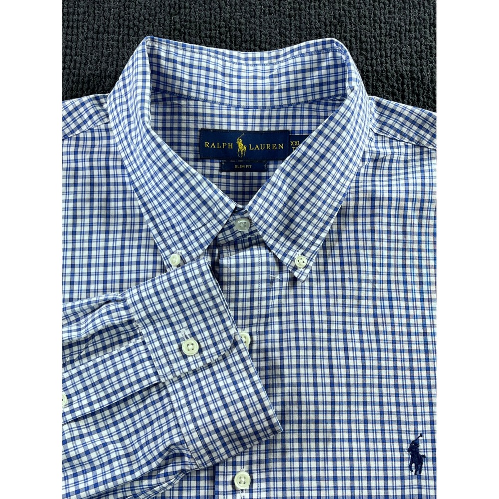 Ralph Lauren Mens XXL Slim Fit Gingham Button Down Shirt Blue White Long Sleeve